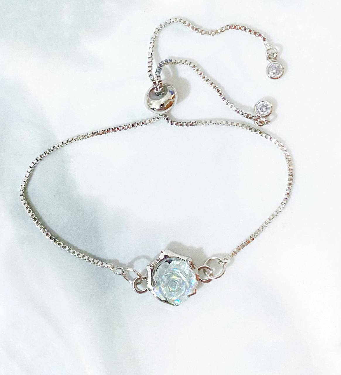Antonia Blue Rose Iridescent Silver Chain Bracelet