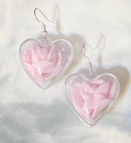 Rosalie Baby Pink Rose in Transparent Heart Earrings