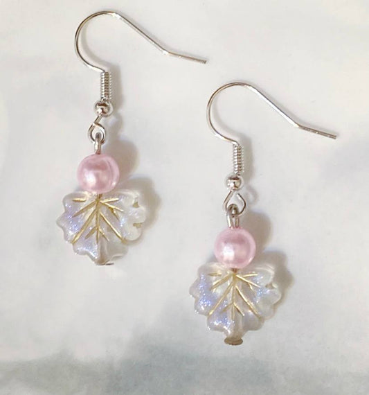Stella Pink Pearl Transparent Gold Lined Leaf Earrings