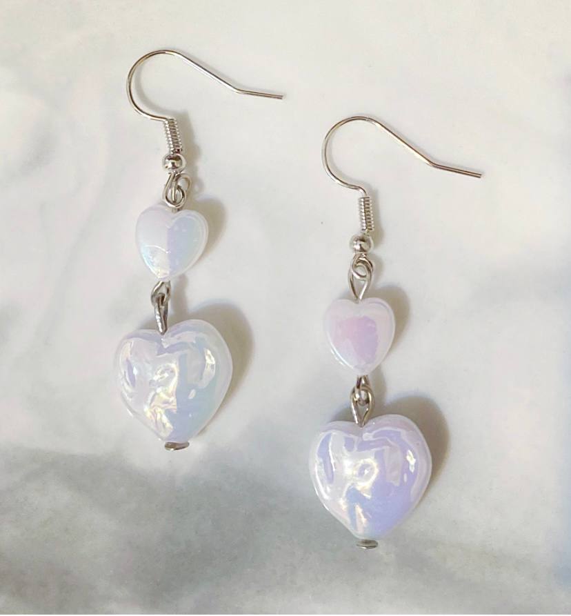 Cherie Double Heart White Earrings With Pink/Blue Tint