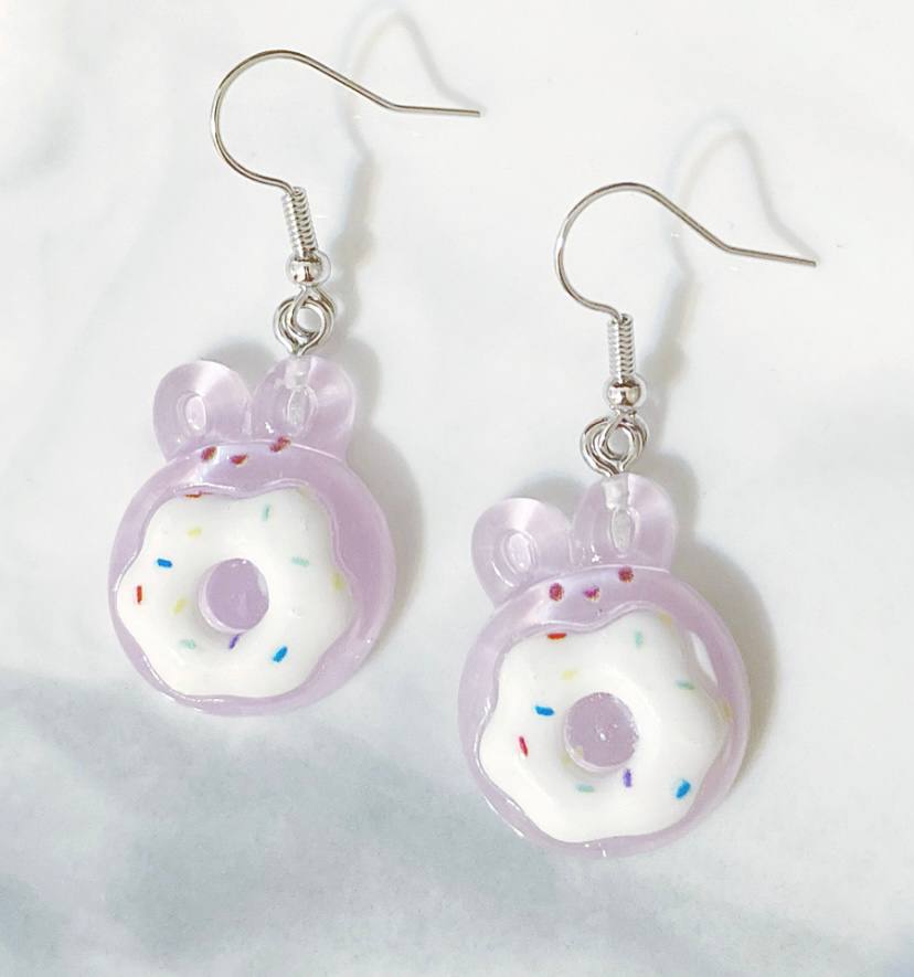 White Icing Bunny Sugared Donut Earrings