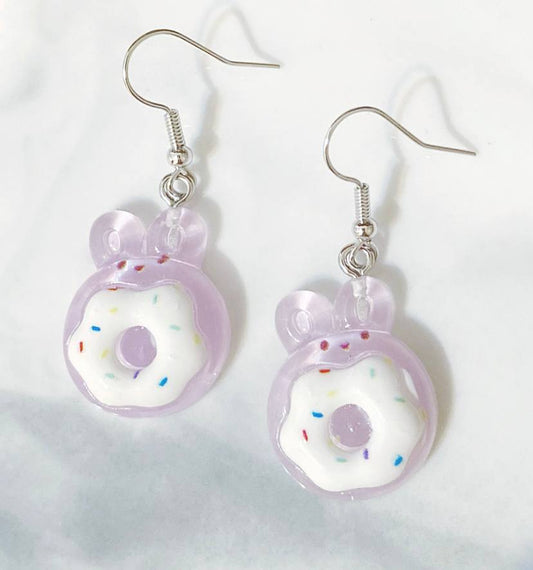 White Icing Bunny Sugared Donut Earrings