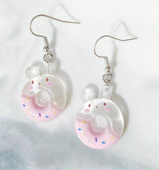 Half Pink Icing Bunny Sugared Donut Earrings