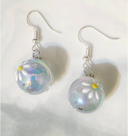 White Daisy Blue Ball Earrings