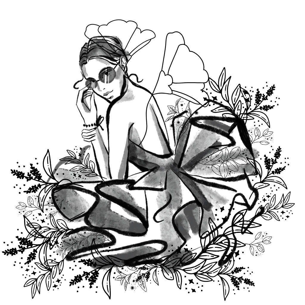 Digital Art Print Beautiful Girl Lineart Brushstrokes Black and White Cool Tones Blue Green Purple Pink