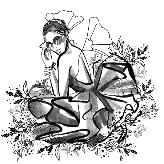 Digital Art Print Beautiful Girl Lineart Brushstrokes Black and White Cool Tones Blue Green Purple Pink